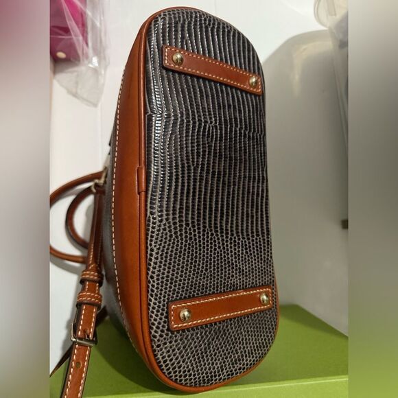 Dooney & Bourke Lizard Embossed Satchel Gray Brown Bag w/ Strap 12”x9” Like New - Picture 14 of 17